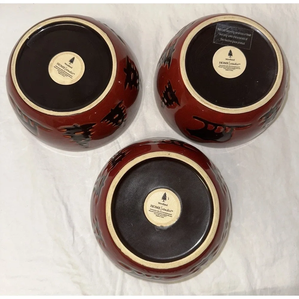 Home Studio Woodland Red Stoneware Soup Bowls Black Bear Pine Tree Rustic Lodge